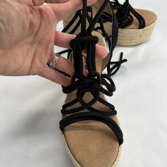 Free People Sandal Platform Wedge Espadrille 6 / 36 Black Suede Strappy Wrap Up - Picture 14 of 15